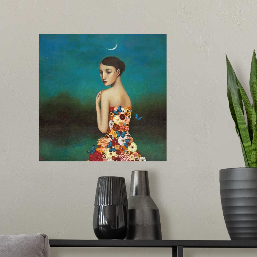 A modern room featuring Contemporary surreal artwork of a woman wearing a dress made of flowers with a crescent moon over...