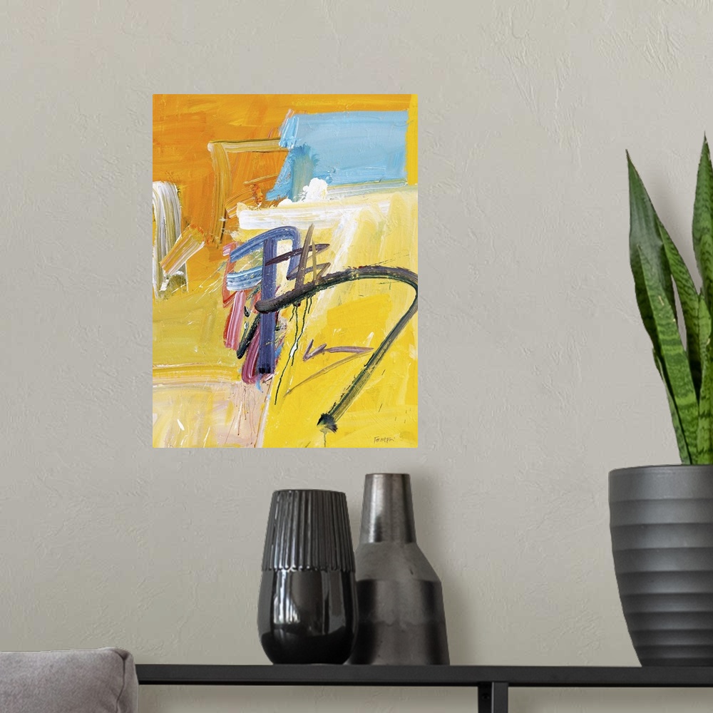 A modern room featuring Contemporary abstract painting using bright colors.