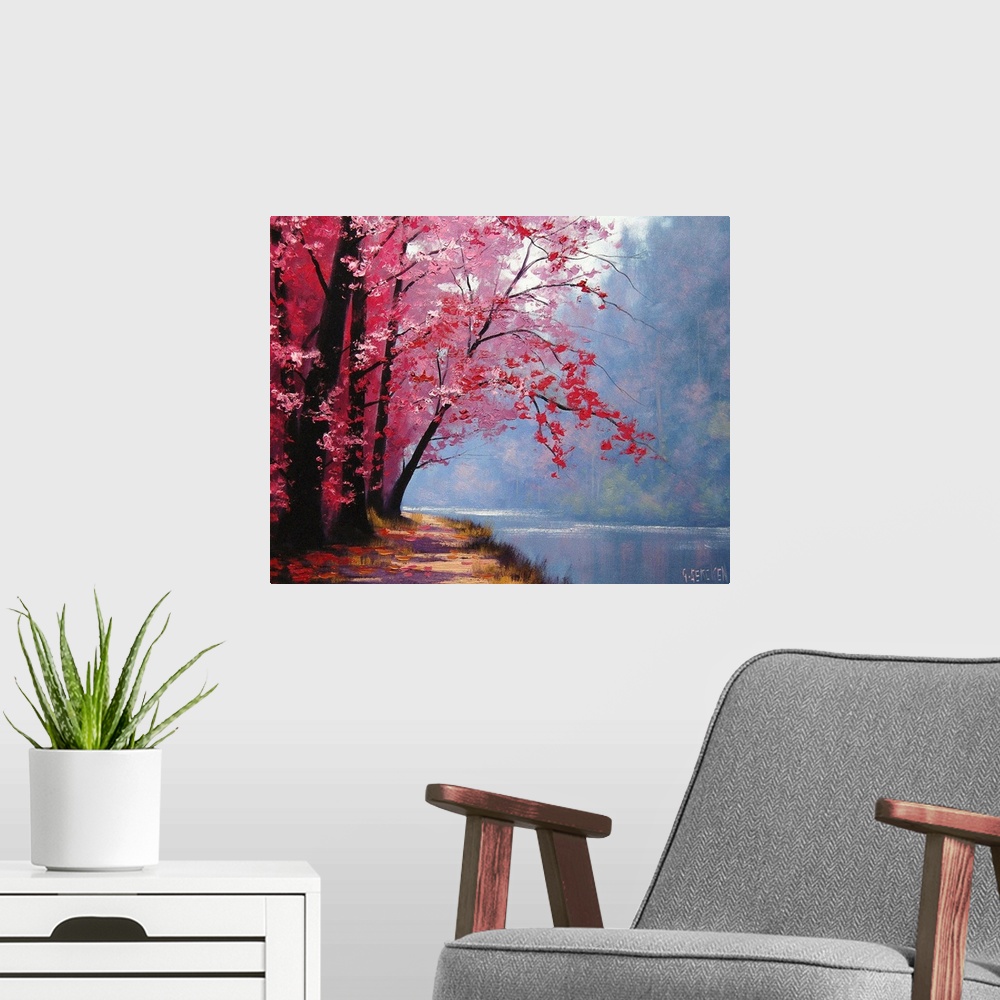 A modern room featuring Contemporary painting of an idyllic countryside river scene, with pink autumn foliage.
