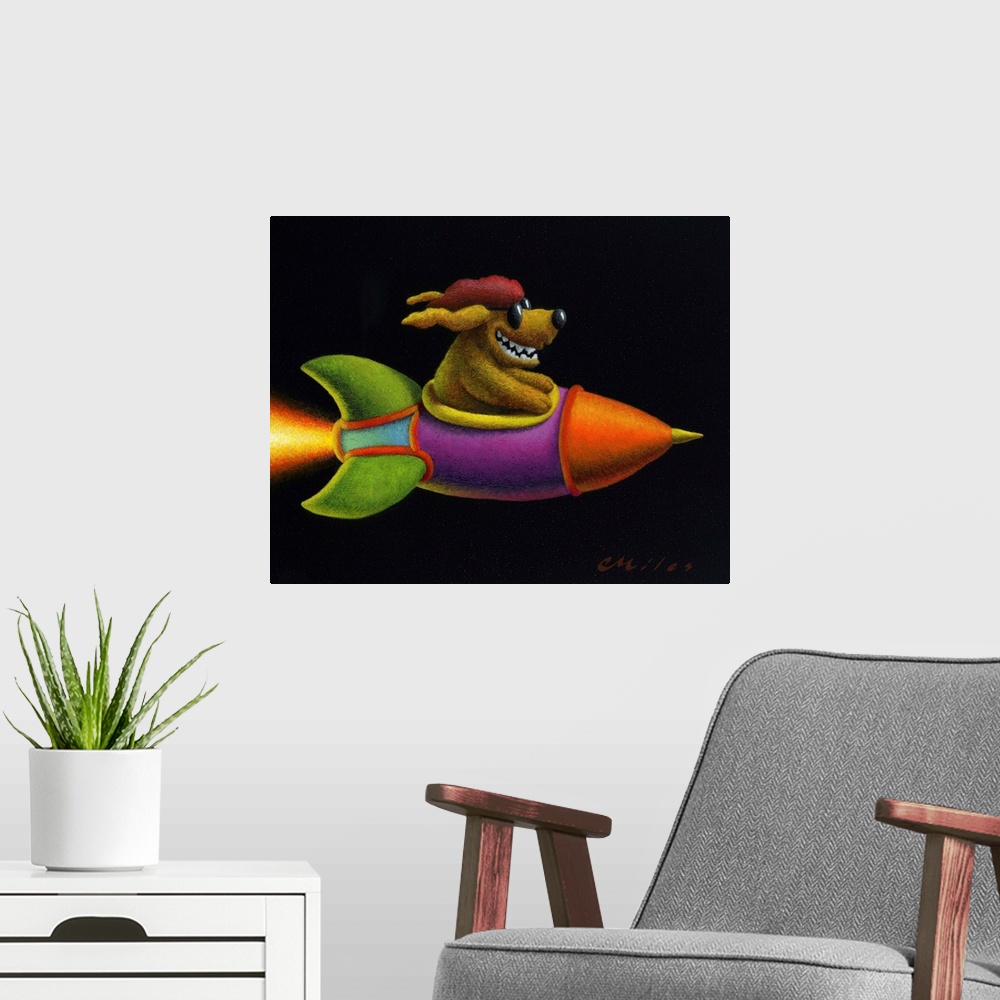 A modern room featuring Humorous contemporary painting of a dog in sunglasses riding in a rocket.