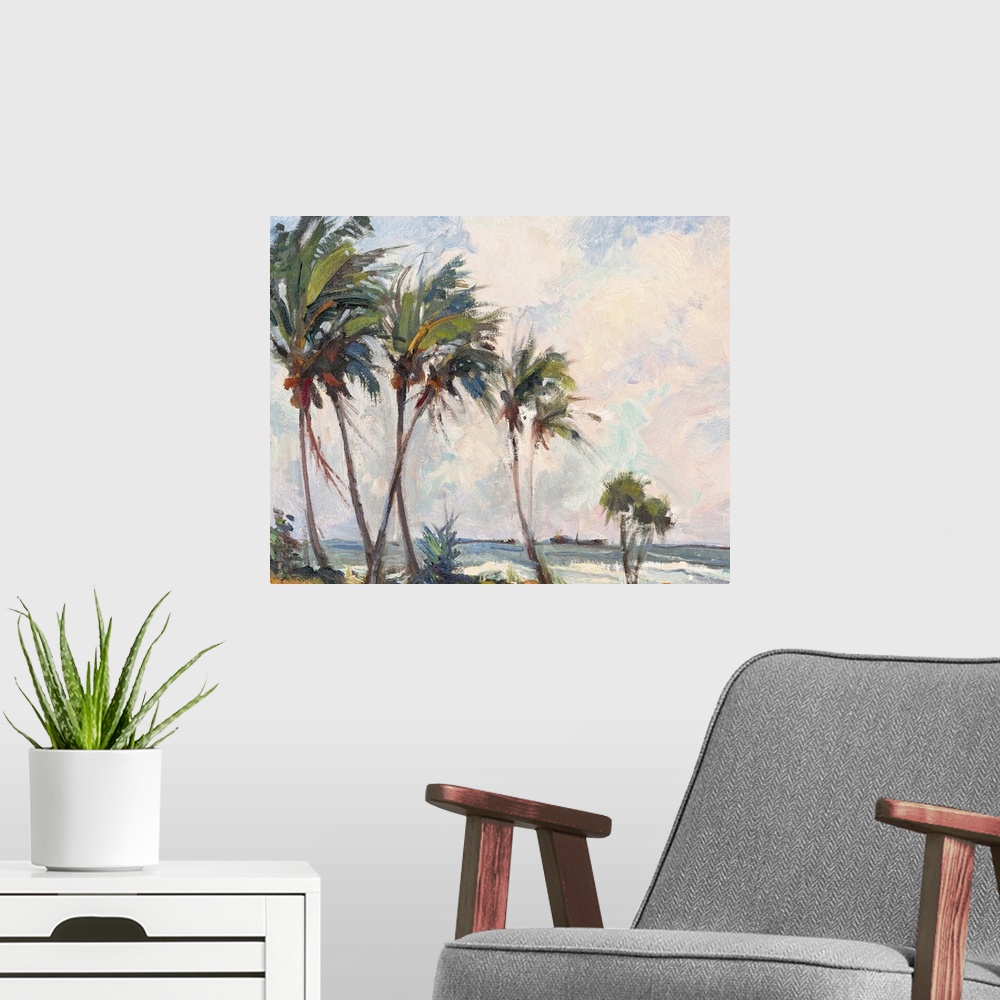 A modern room featuring Contemporary painting of six tall palm trees on the beach.