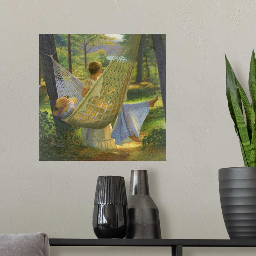 A modern room featuring Classical painting of a two children playing on a hammock.