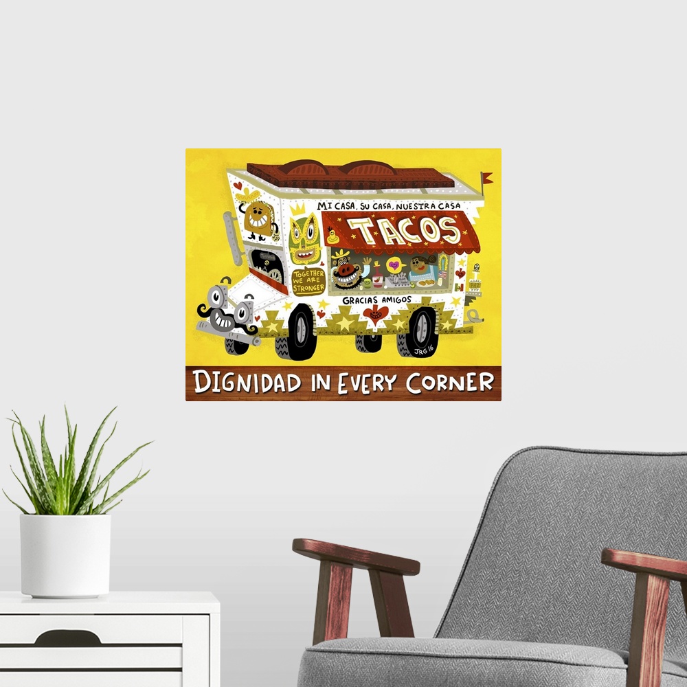 A modern room featuring Latin art of a taco truck delivering delicious Mexican food.
