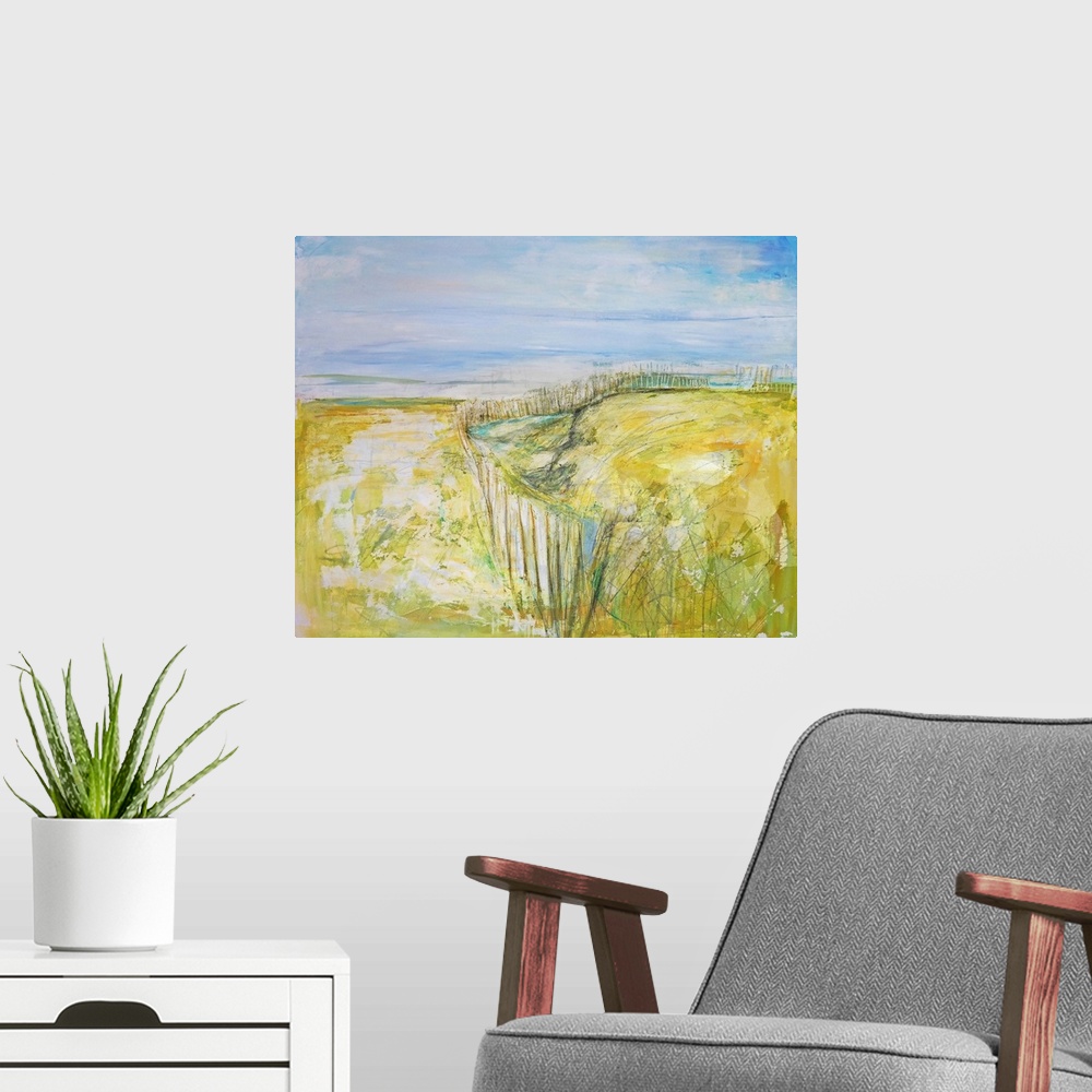 A modern room featuring Abstract beachscape with beachgrass painted in bright citron yellow.