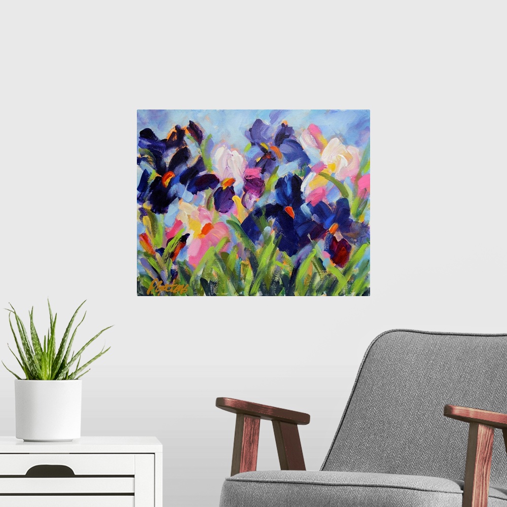 A modern room featuring A horizontal abstract painting of irises in colors of purple and white.