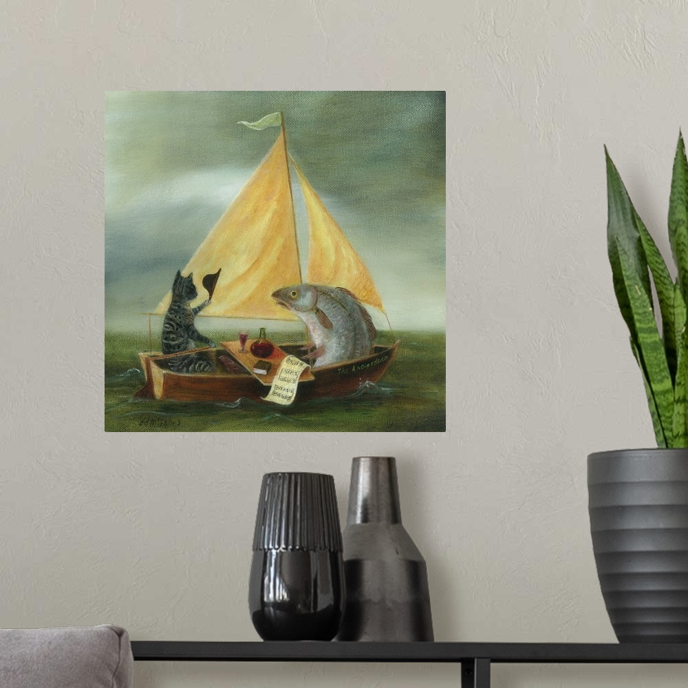 A modern room featuring Whimsical artwork featuring a cat and fish sailing on the sea.