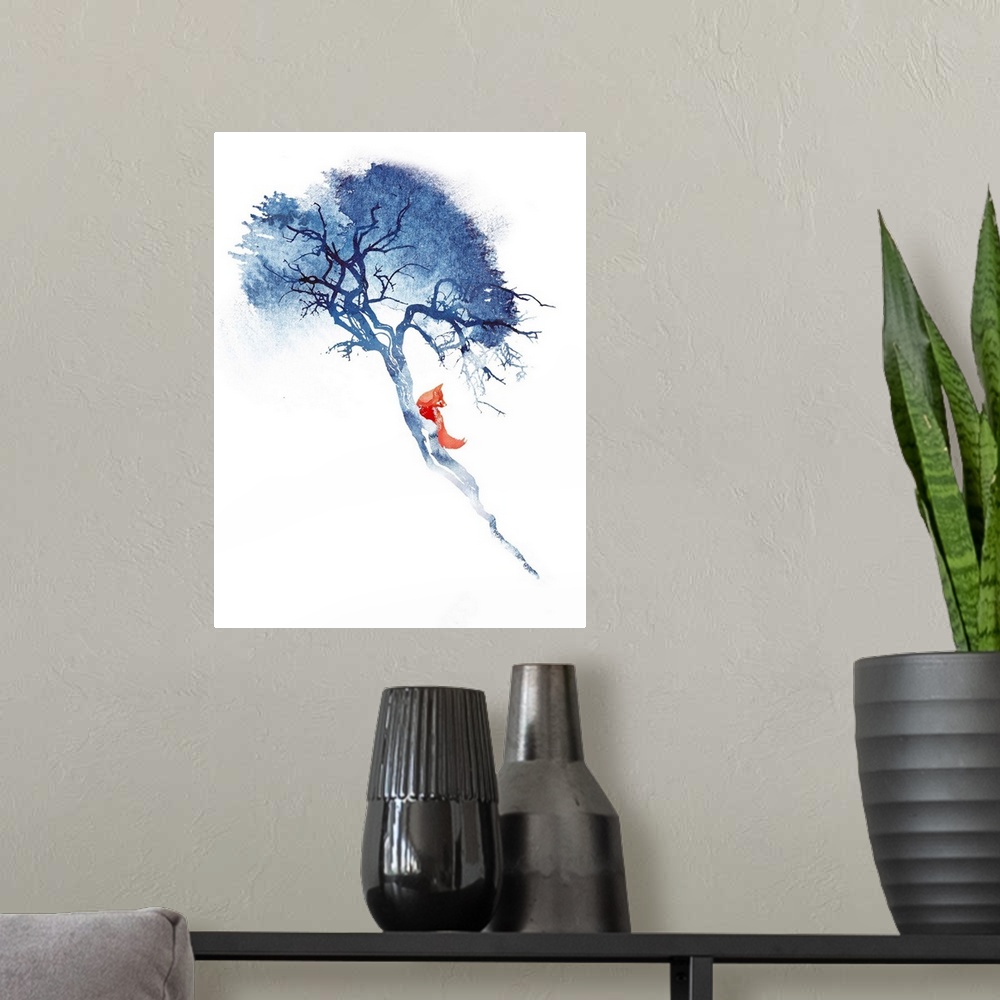 A modern room featuring Contemporary artwork that features a lone red fox climbing a blue tree.