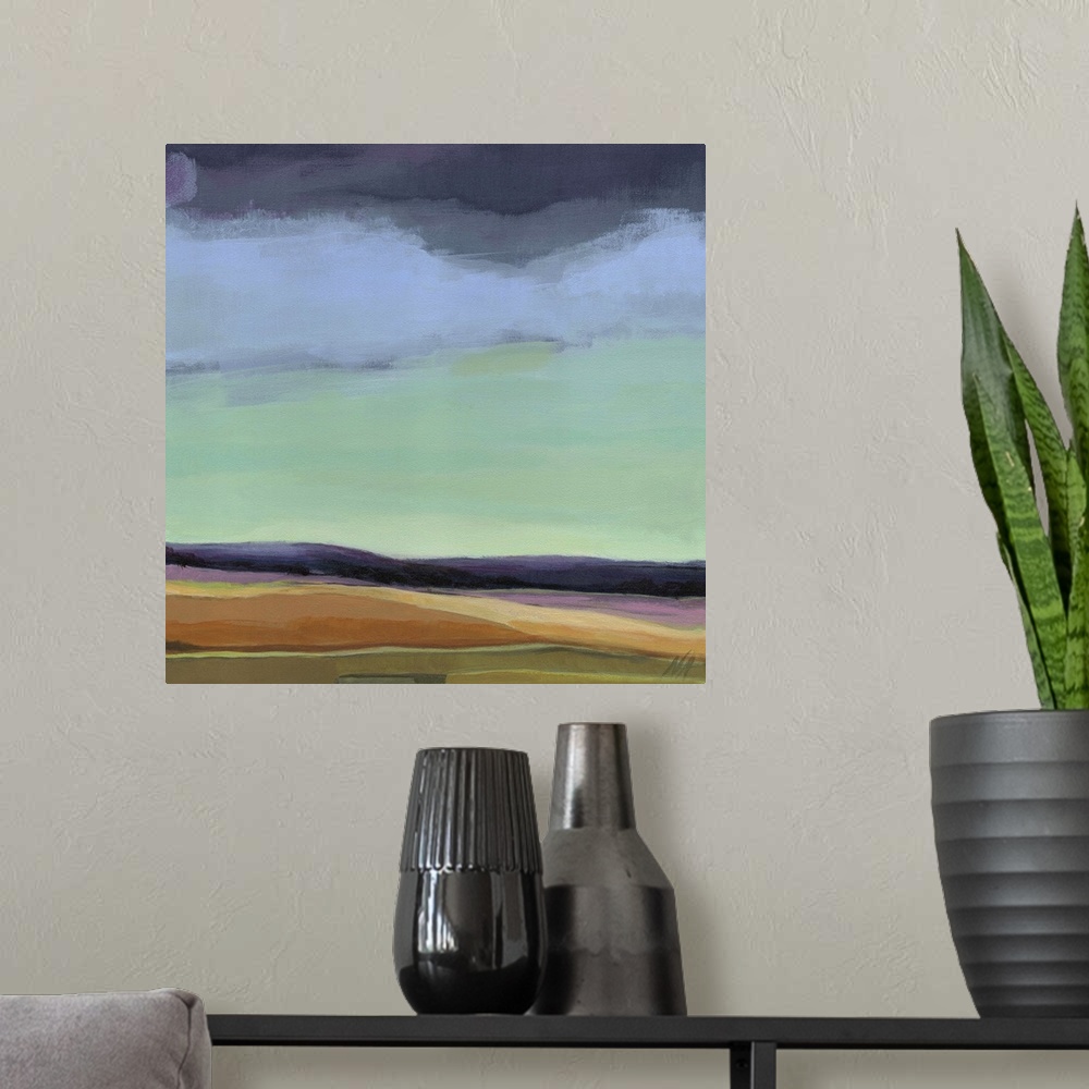 A modern room featuring Contemporary painting of an abstract landscape.