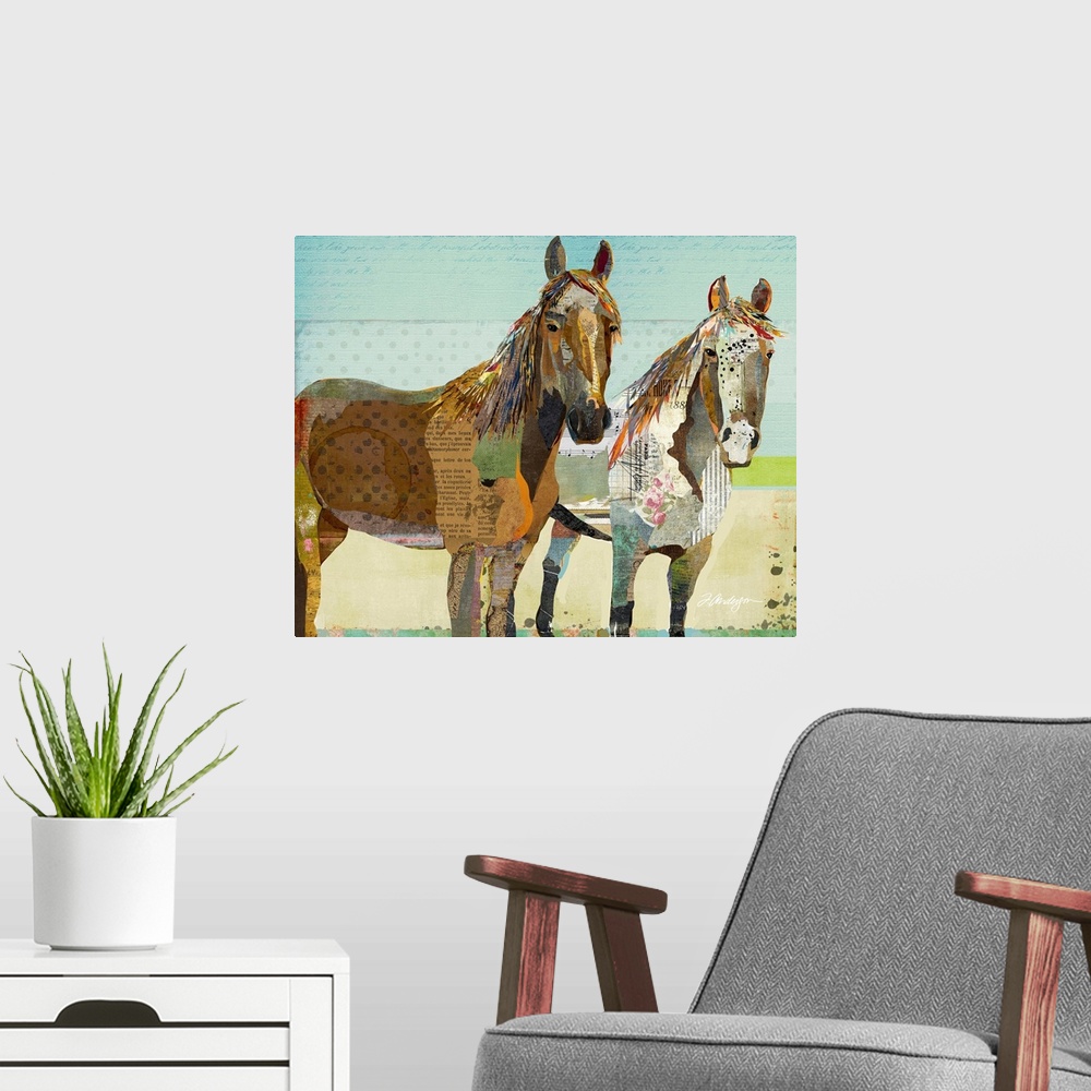 A modern room featuring Two Horses