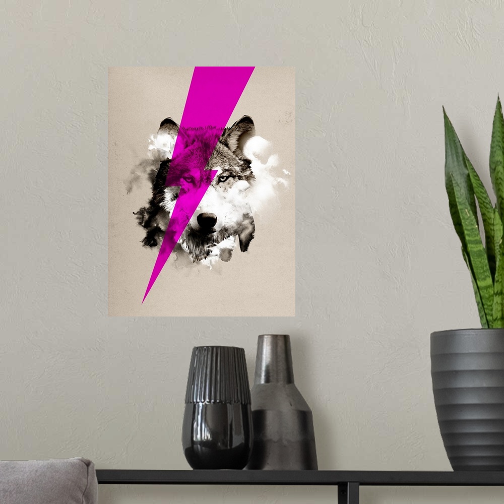 A modern room featuring Decorative artwork of a wolf head revealed by smoke with a purple lightening bolt going across th...