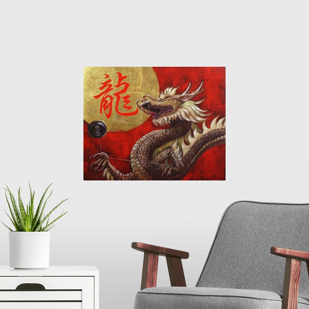 A modern room featuring A painting of a chinese dragon against a red background.