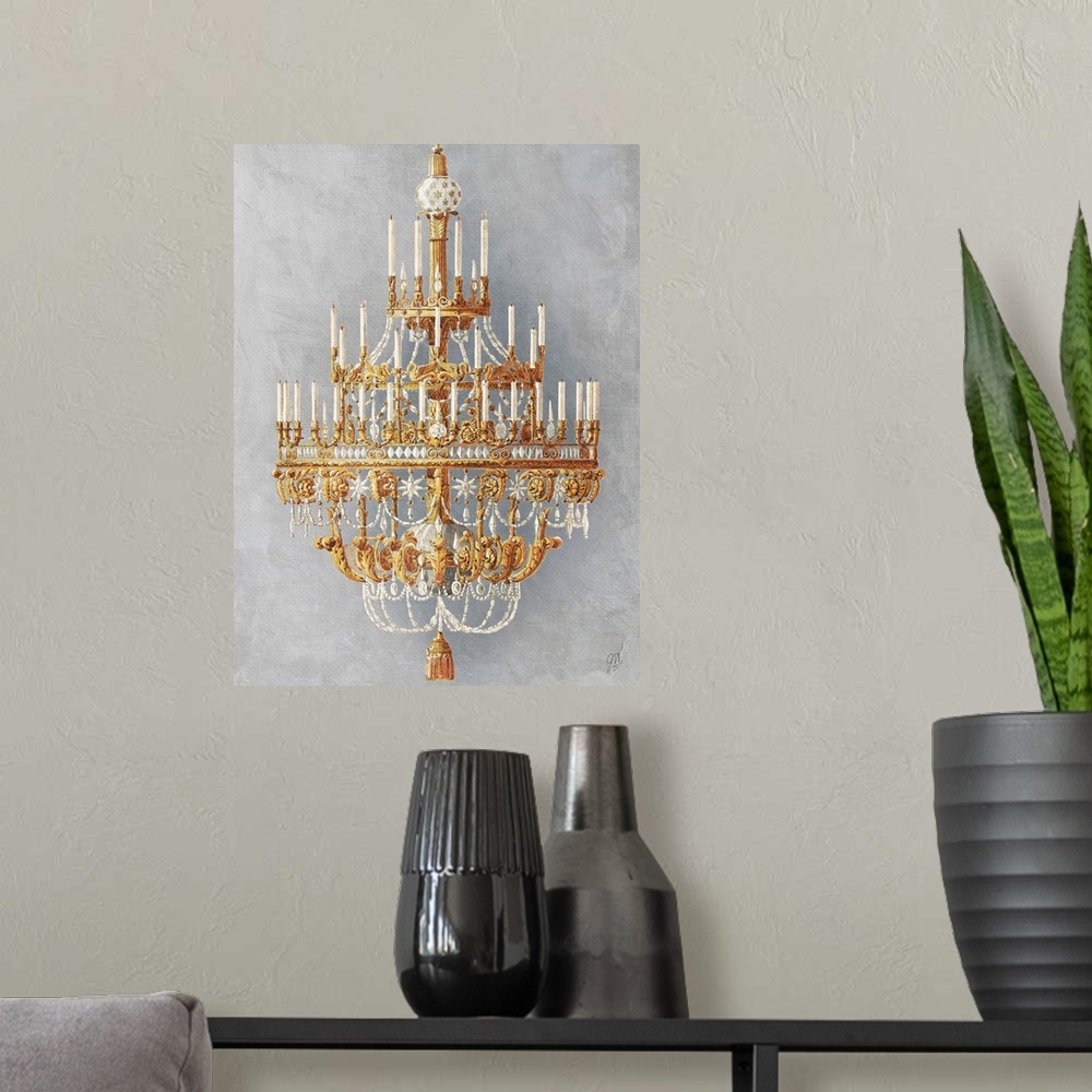 A modern room featuring A gilded crystal chandelier dressed with candles.