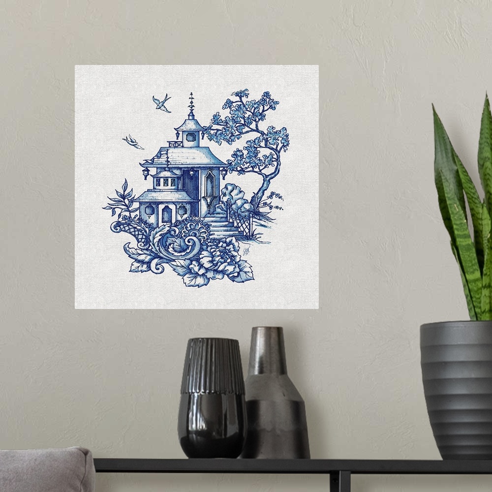 A modern room featuring Chinoiserie featuring a pagoda with birds in flight in blue over a linen background.