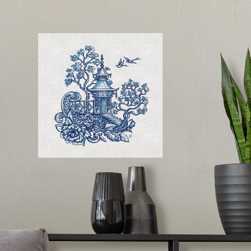 A modern room featuring Chinoiserie featuring a pagoda with birds in flight in blue over a linen background.
