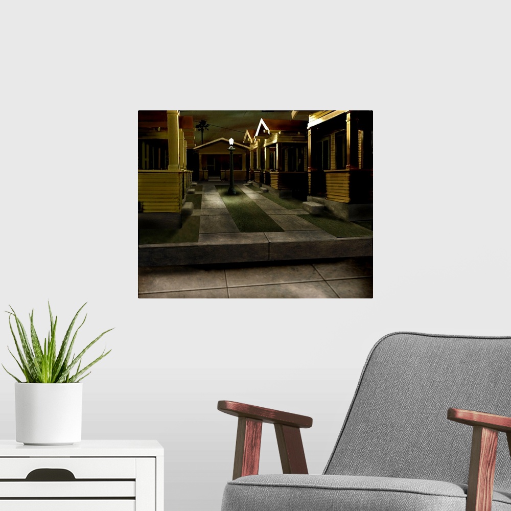 A modern room featuring Digital art painting of compact houses with one street lamp to illuminate sidewalk.