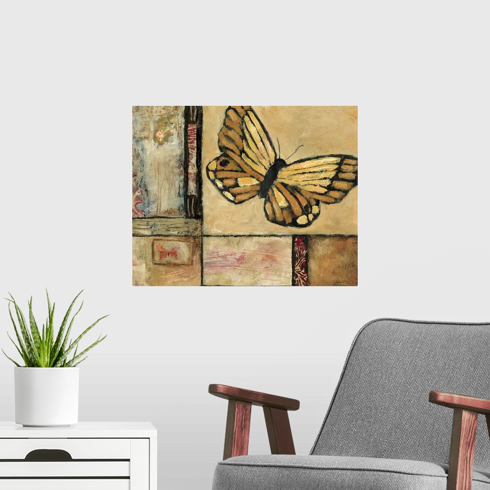 A modern room featuring Contemporary artwork of a golden yellow butterfly over a distressed background.