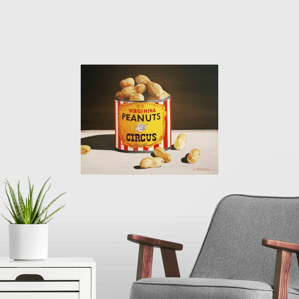 A modern room featuring Fine art oil painting of circus peanuts in a tin can sitting atop a table in this beautiful still...