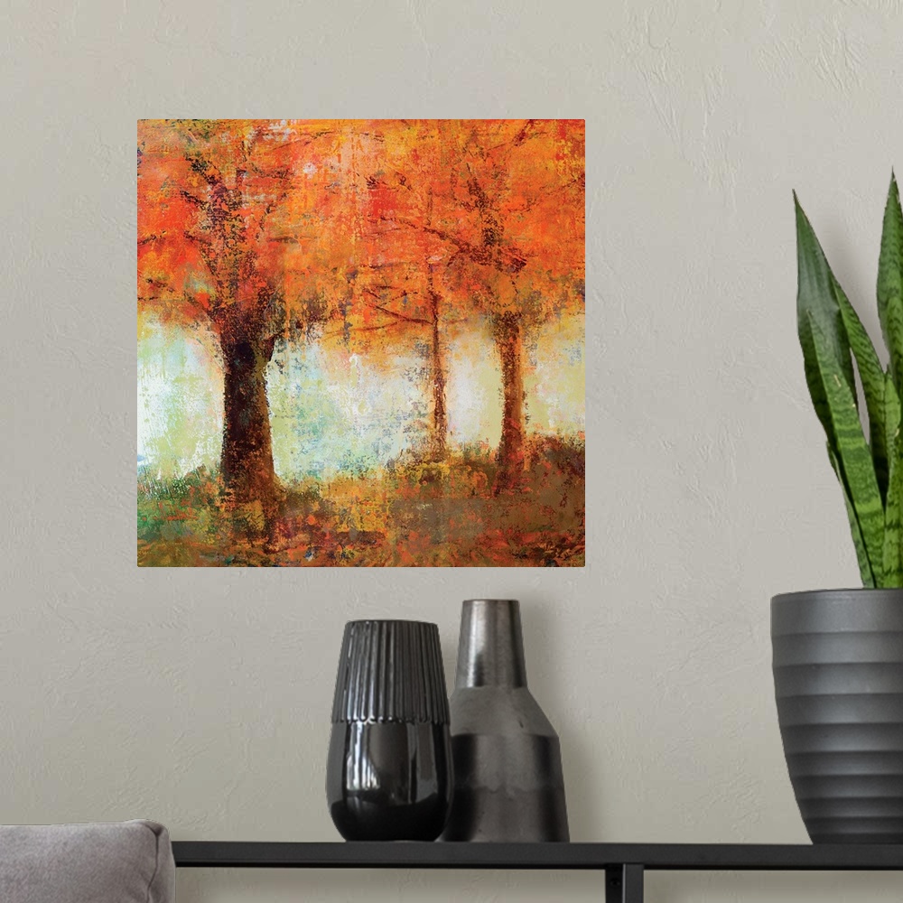 A modern room featuring Contemporary artwork of brightly colored fall trees against a soft pale green sky.