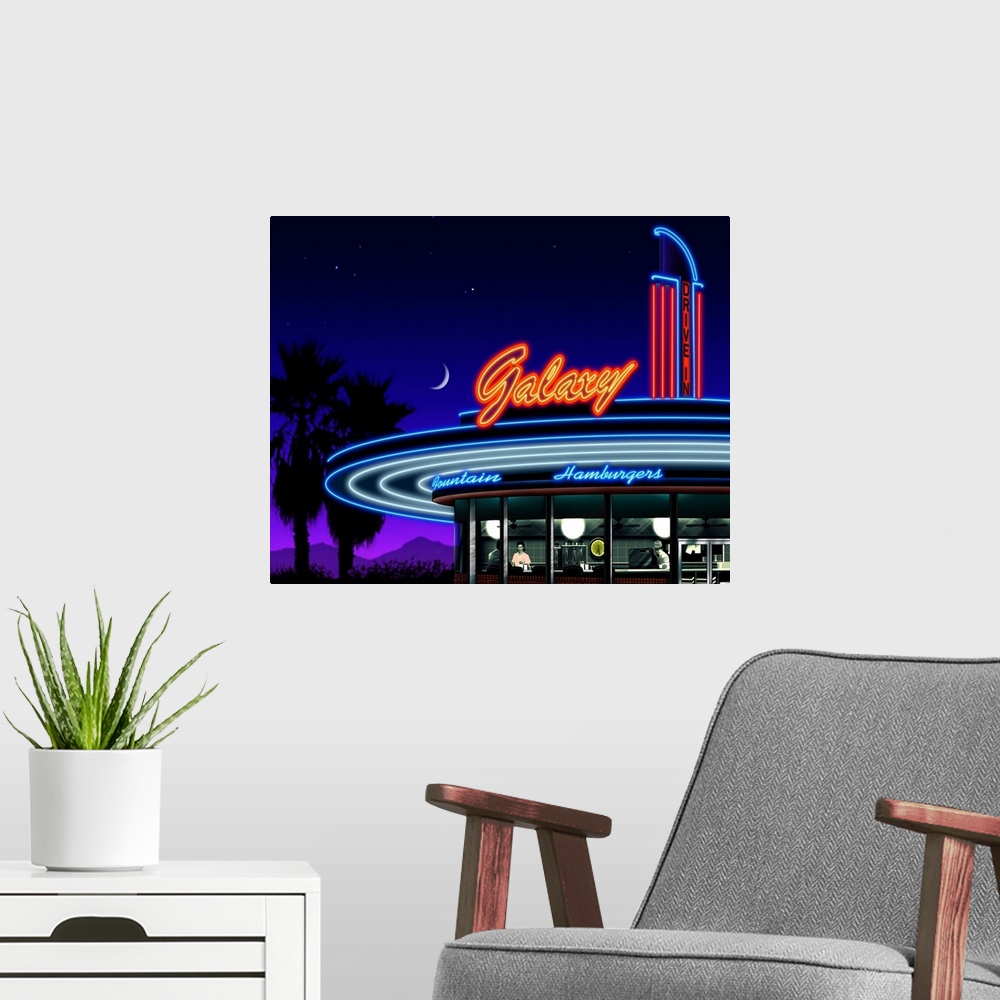 A modern room featuring Digital art painting of the Galaxy Drive-In restaurant sign in glowing neon.