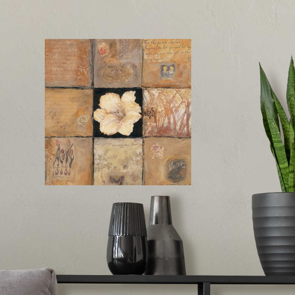 A modern room featuring Contemporary collage of a hibiscus flower surrounded by words of encouragement and mixed media el...