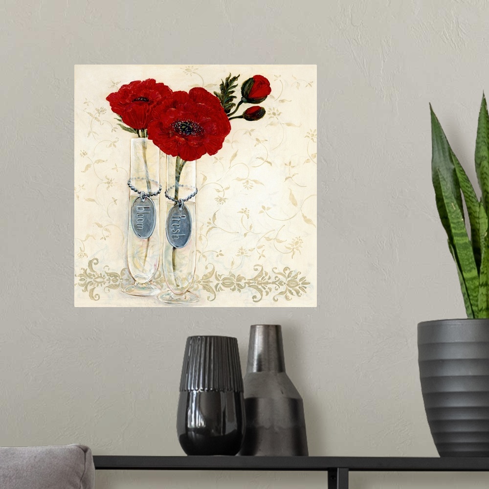 A modern room featuring Contemporary painting of two flowers in shades of red with tags attached to the vases that read l...