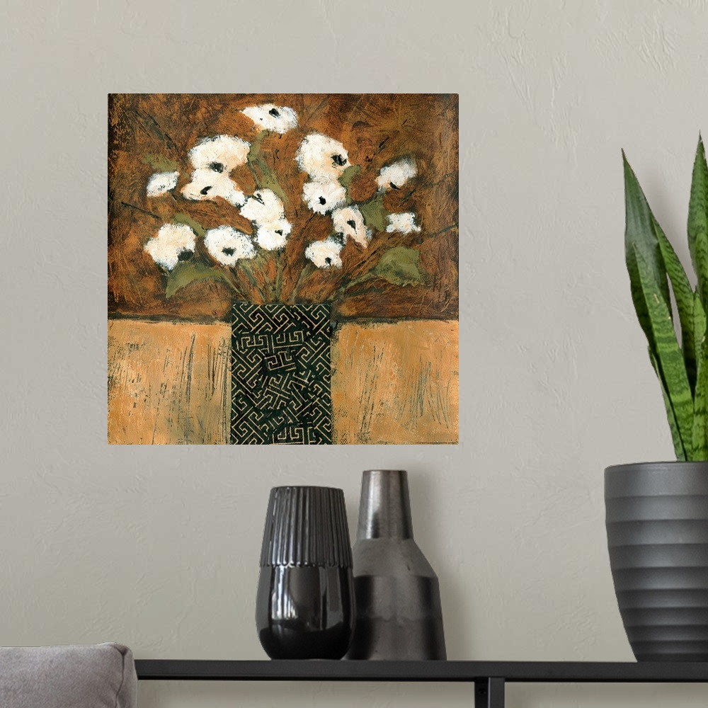 A modern room featuring Contemporary painting of a bouquet of white flowers in a patterned vase.