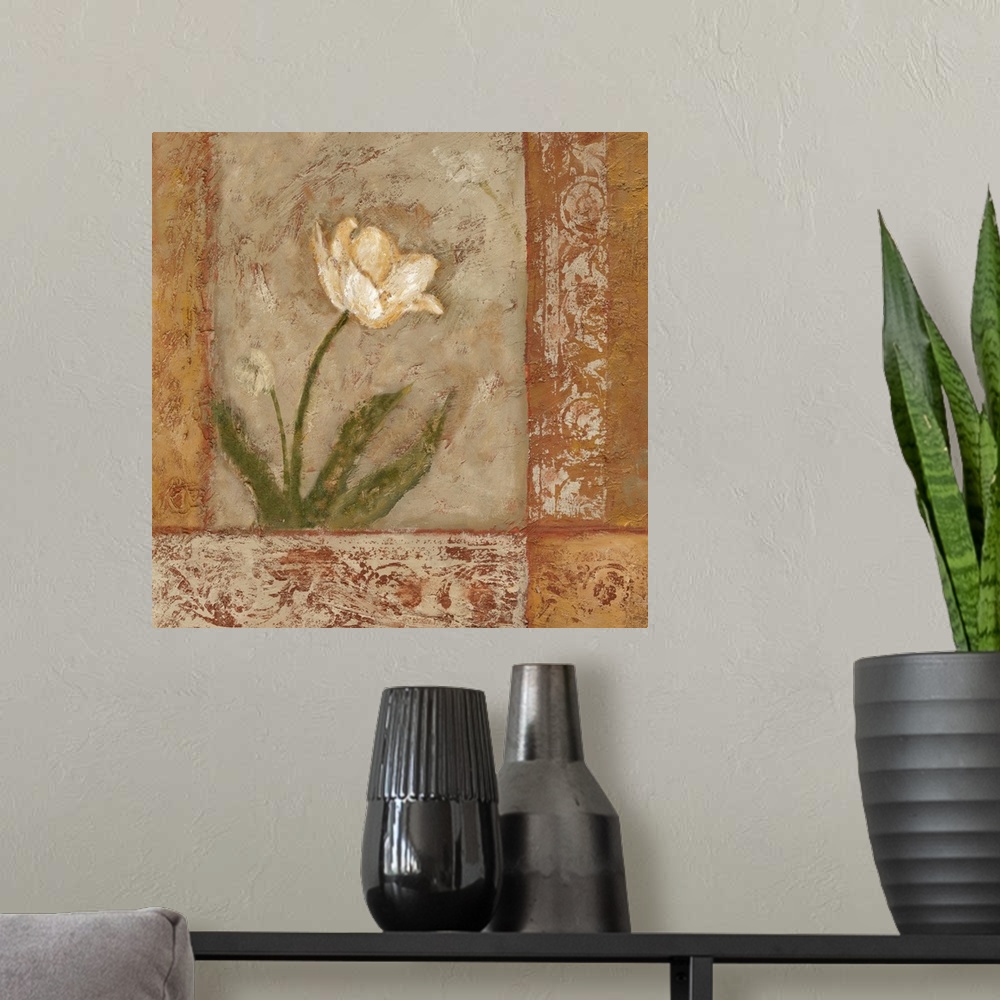 A modern room featuring Contemporary artwork of white flowers in bloom on a textured background.