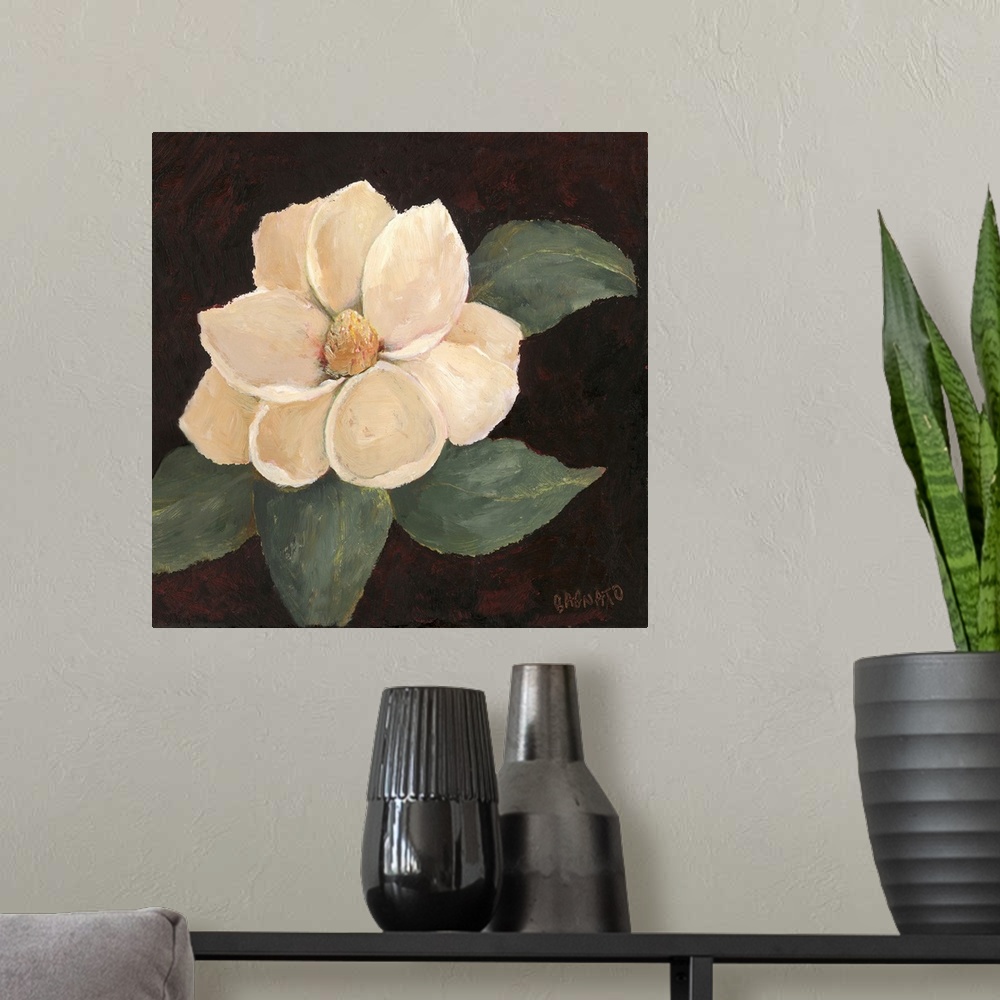 A modern room featuring Contemporary painting of a magnolia blossom on a black background.