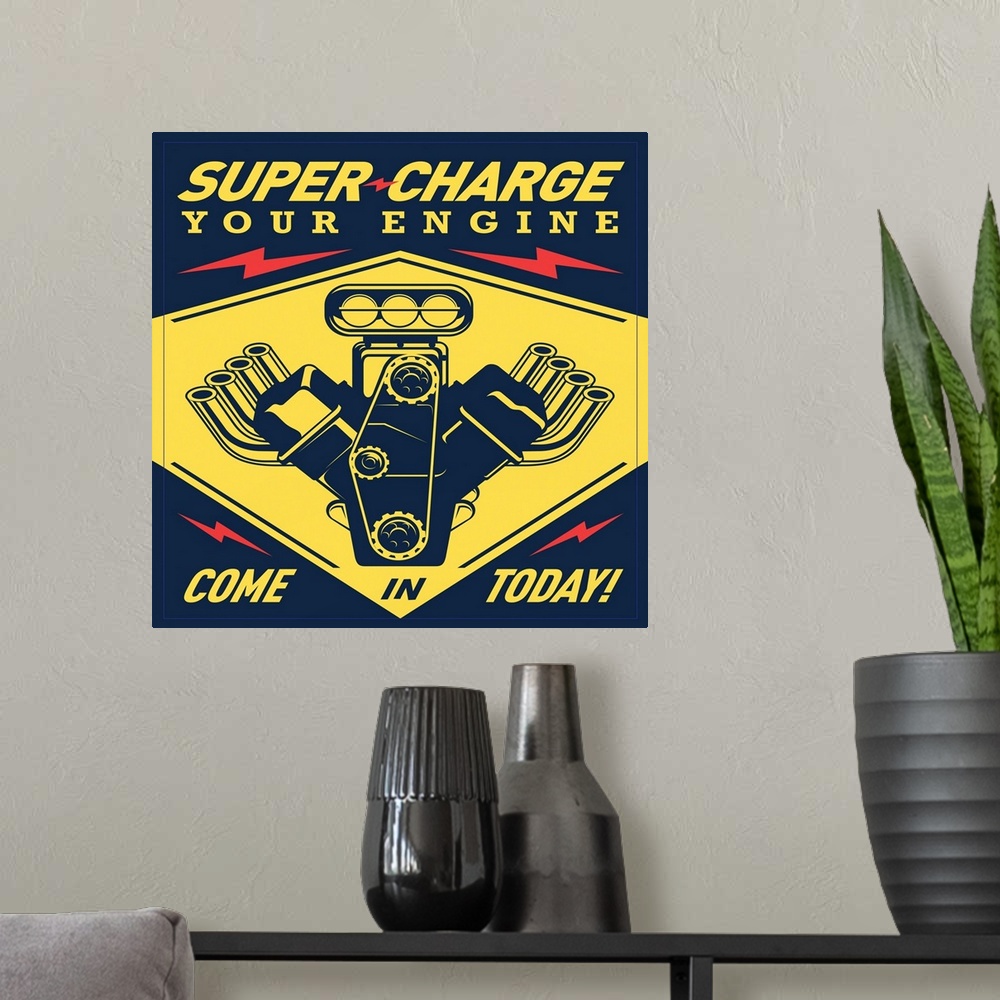 A modern room featuring Digital art painting of a poster titled Super Racing by JJ Brando.