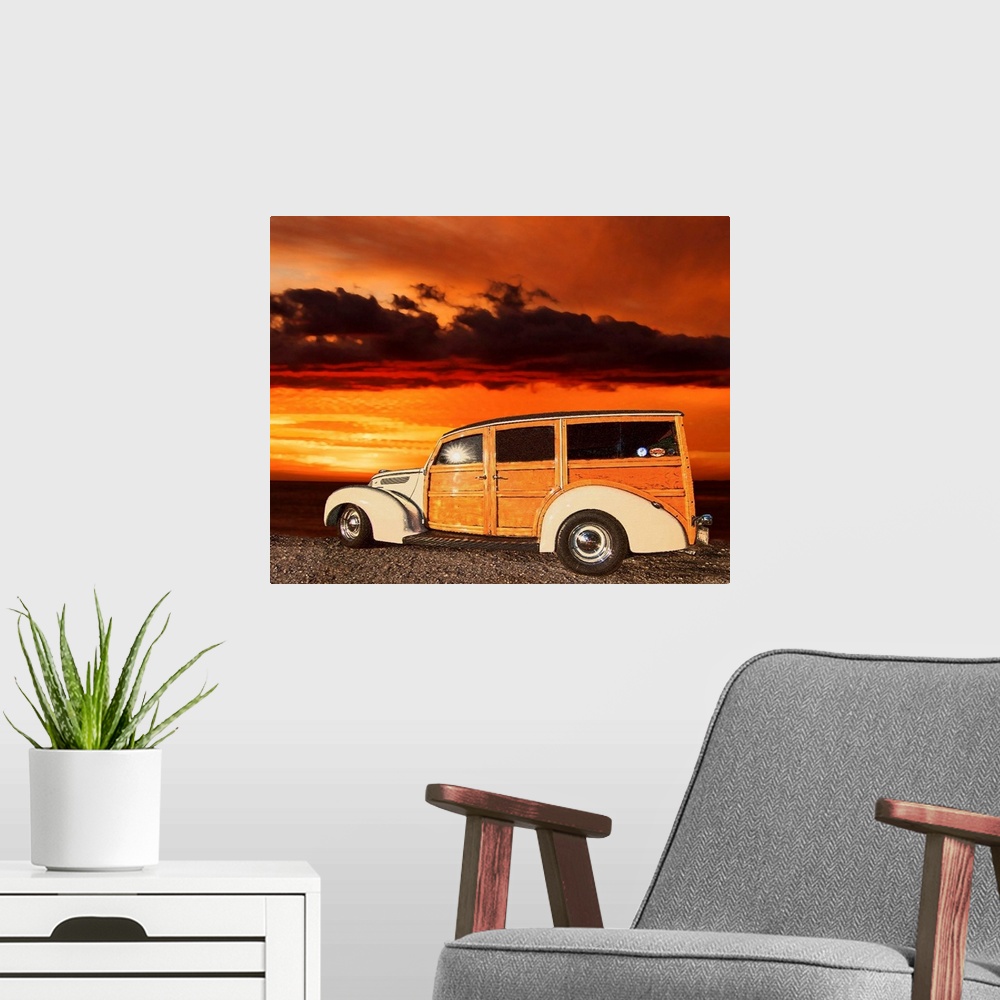 A modern room featuring Digital art painting of a tan Woody style car with a beautiful background sky.