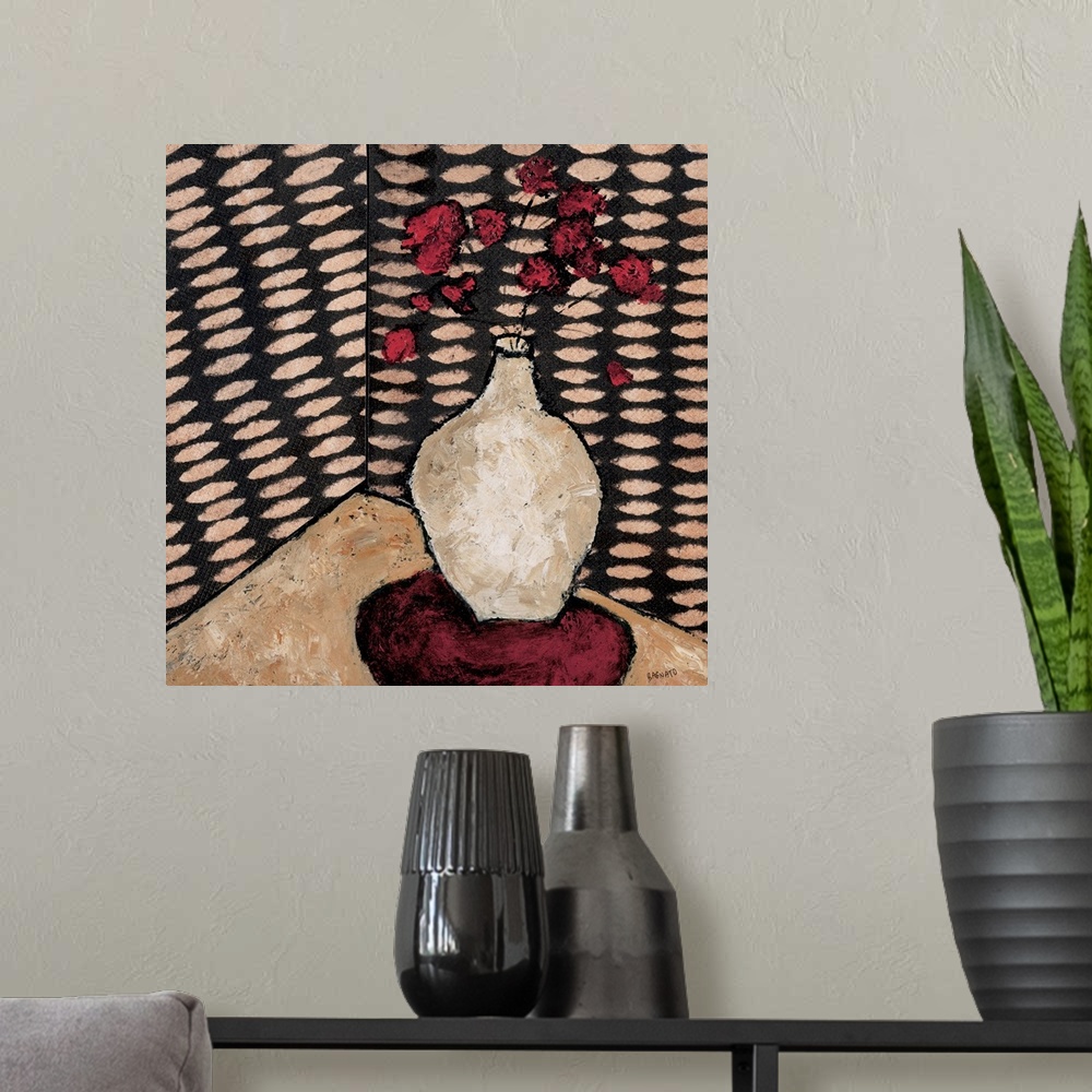 A modern room featuring Contemporary painting of a bouquet of red flowers in a white vase.