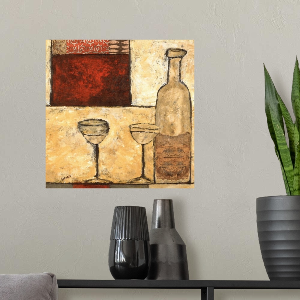 A modern room featuring Contemporary textured painting of a bottle of white wine with two glasses over various polygons.