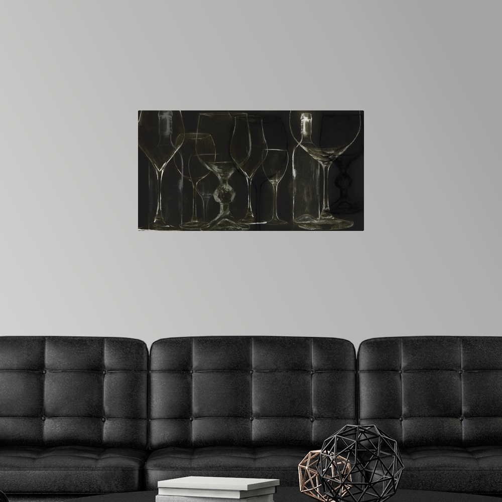 A modern room featuring Contemporary artwork of a chalkboard sketch-like rendering of wine glasses.