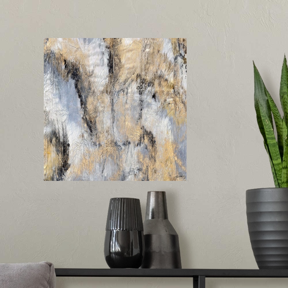 A modern room featuring An abstract marbleized print with golden highlights.