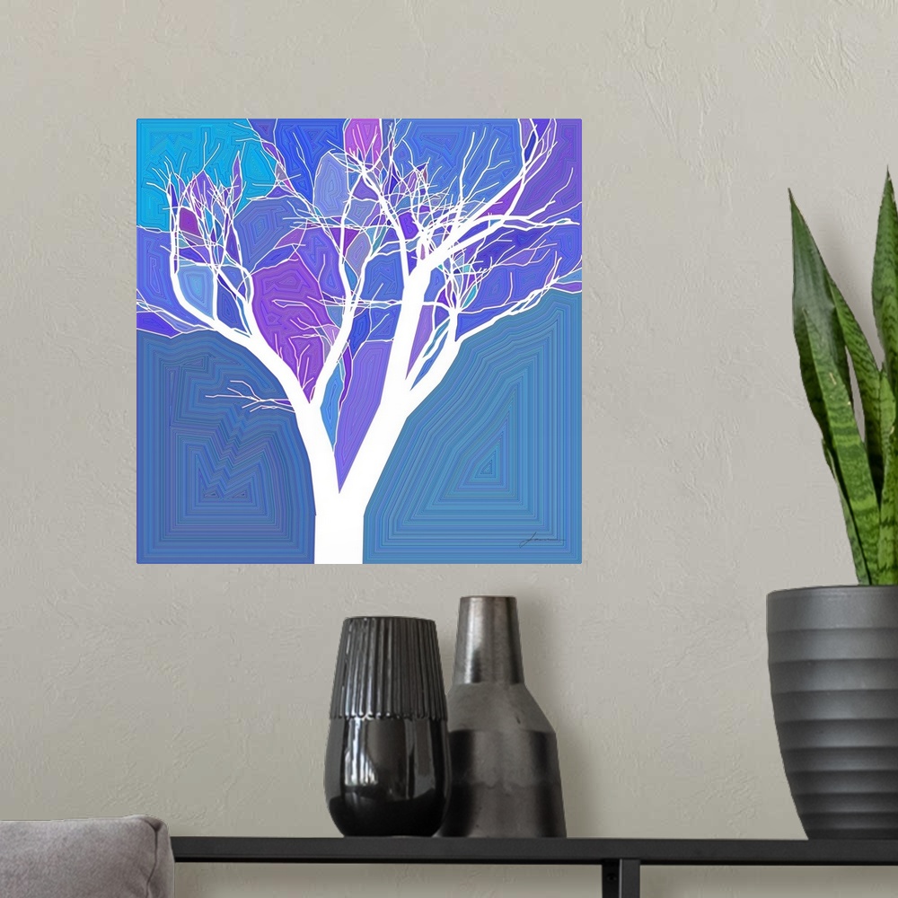 A modern room featuring A graphic abstract tree pops from an electric background.