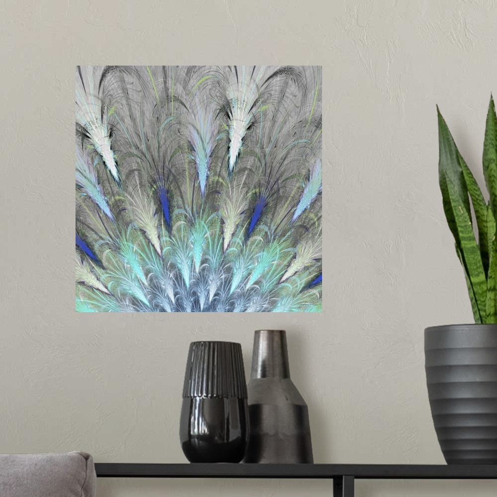 A modern room featuring An explosion of light and color reminiscent of peacock feathers.