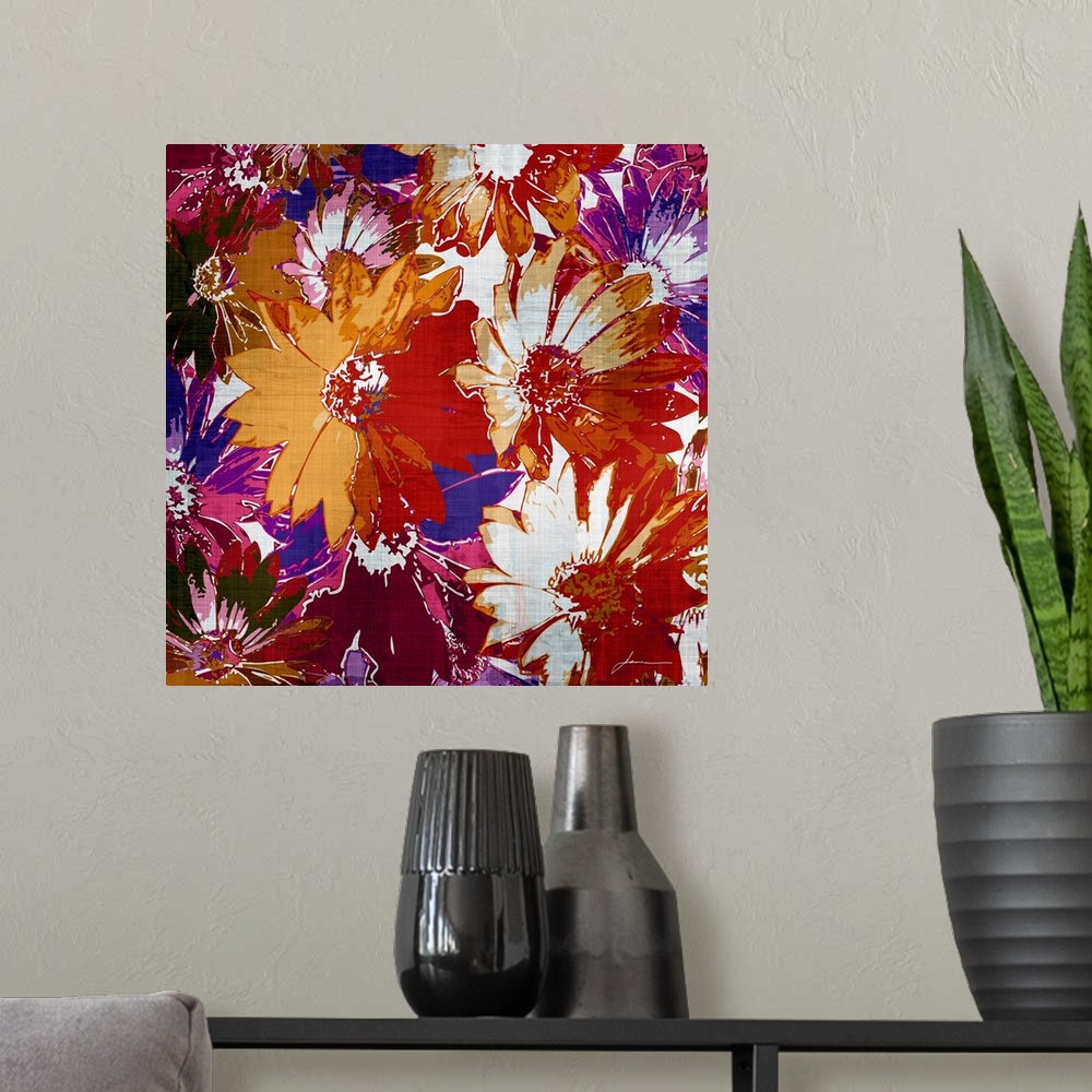 A modern room featuring A tapestry of graphic flowers. Modern and colorful.