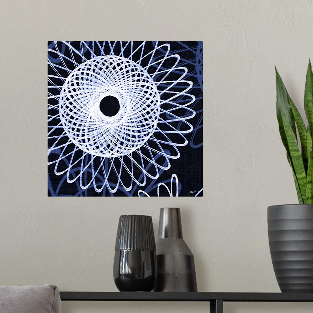 A modern room featuring A blueprint of geometric spirals floating on an indigo field.