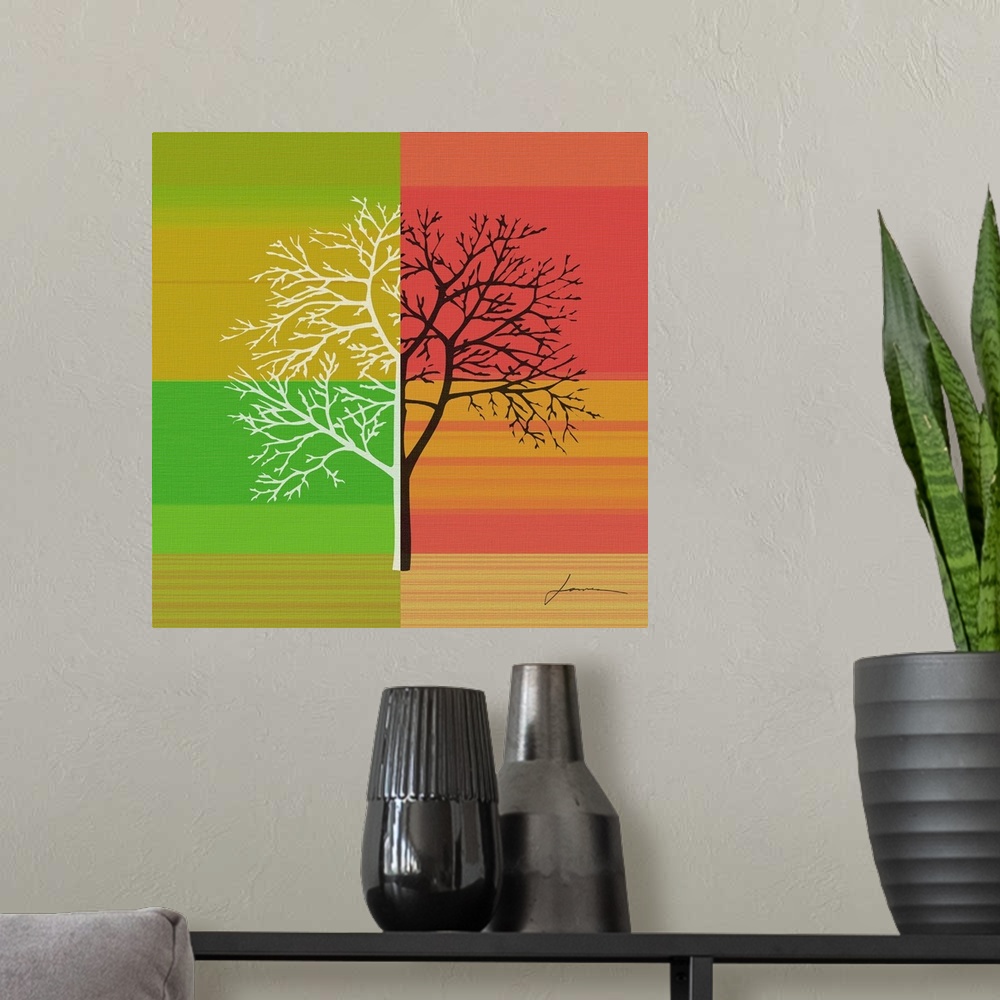 A modern room featuring An abstract tree silhouette on a brightly colored striped background.