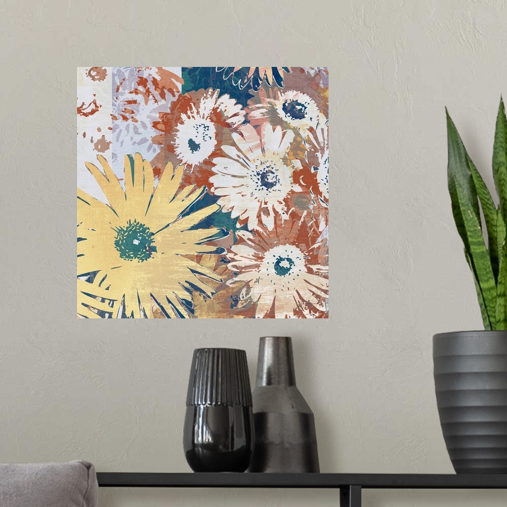 A modern room featuring A collage of graphic flowers.