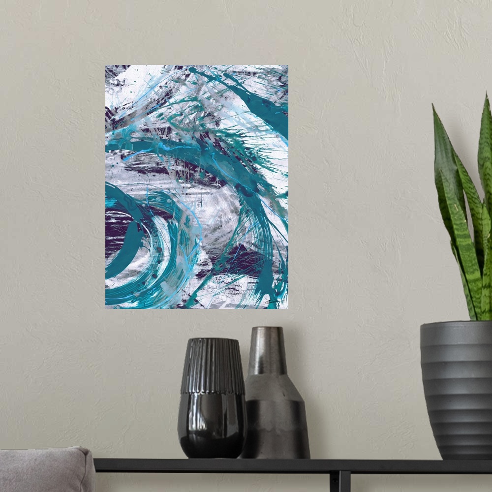 A modern room featuring An energized contemporary abstract in teal and gray.