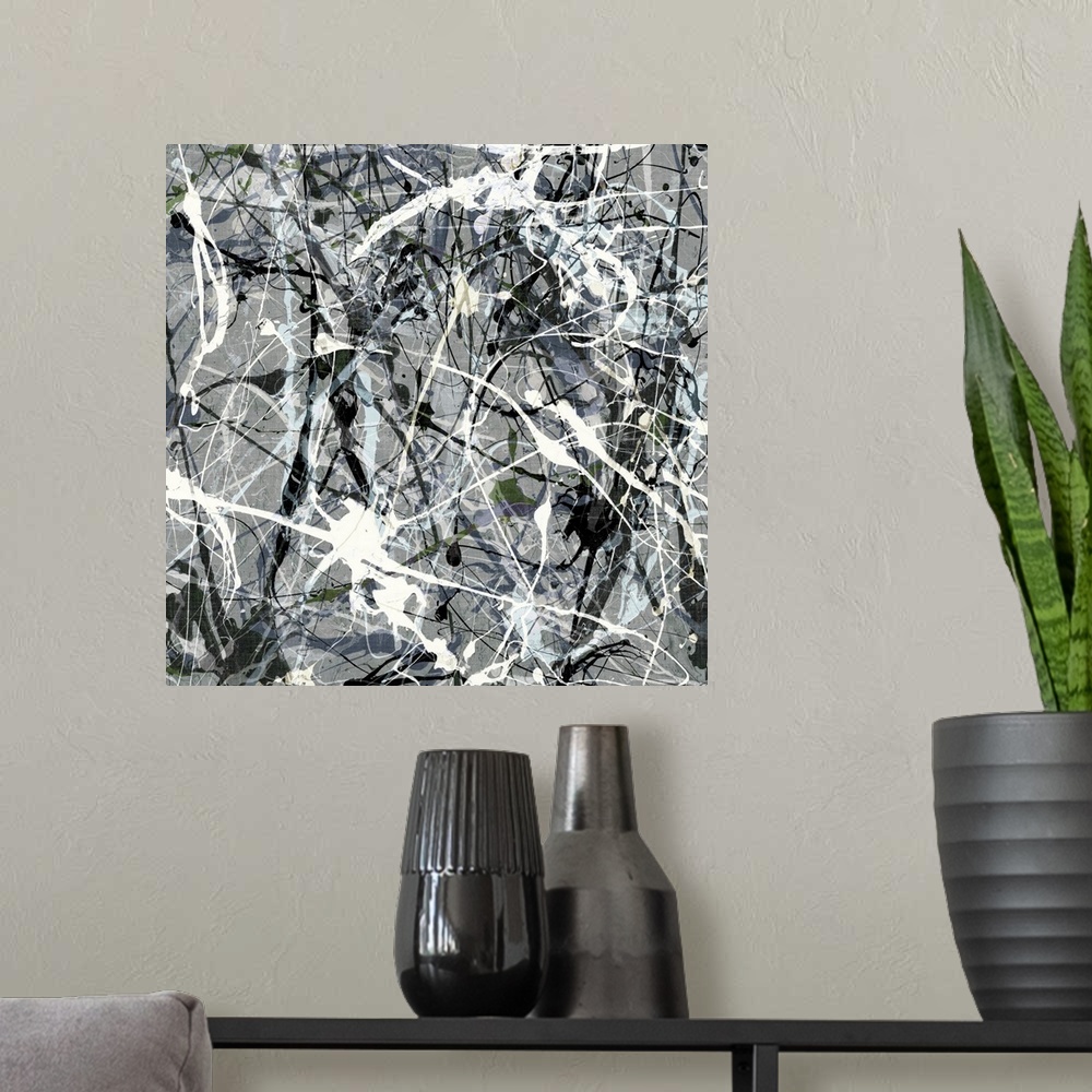 A modern room featuring An homage to the style of Jackson Pollock in black and white.