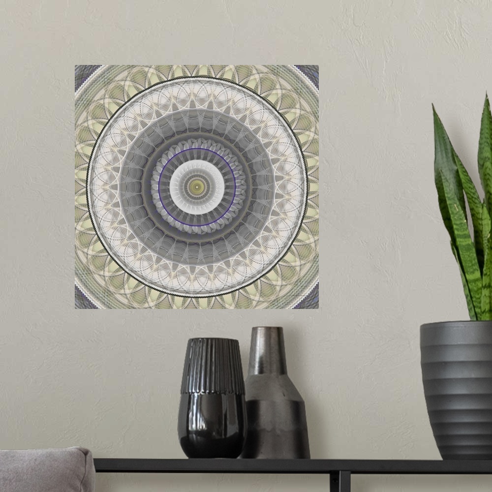 A modern room featuring Concentric circles and patterns form a modern mandala.