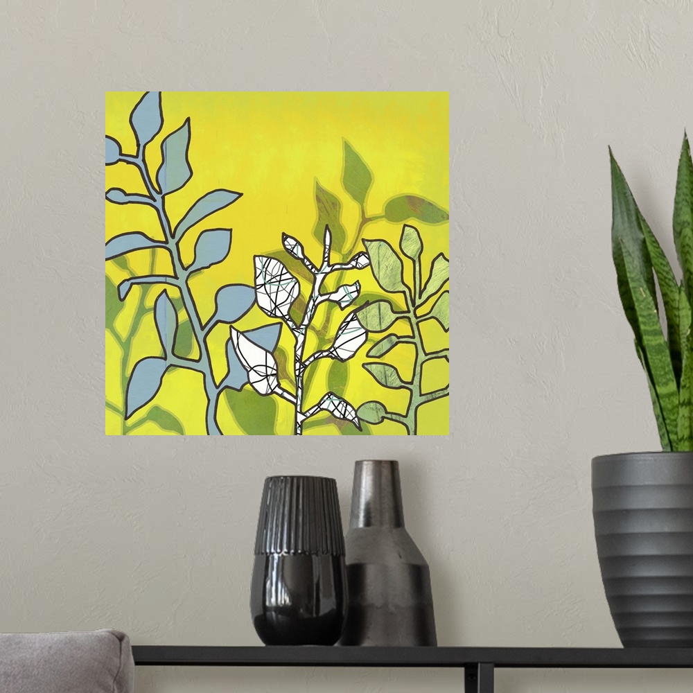 A modern room featuring This framed art print and graphic floral print on demand canvas was created with original illustr...