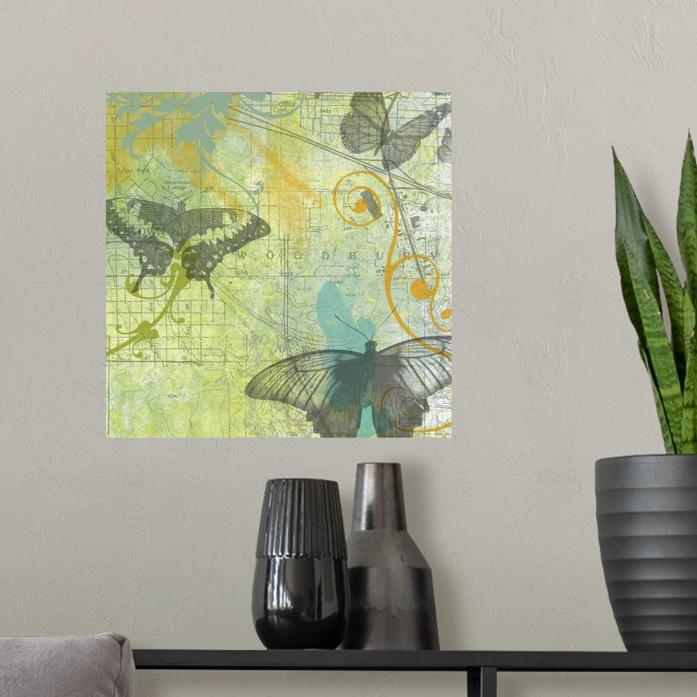 A modern room featuring Large, square home art docor of several butterflies and swirling floral designs, layered on a col...
