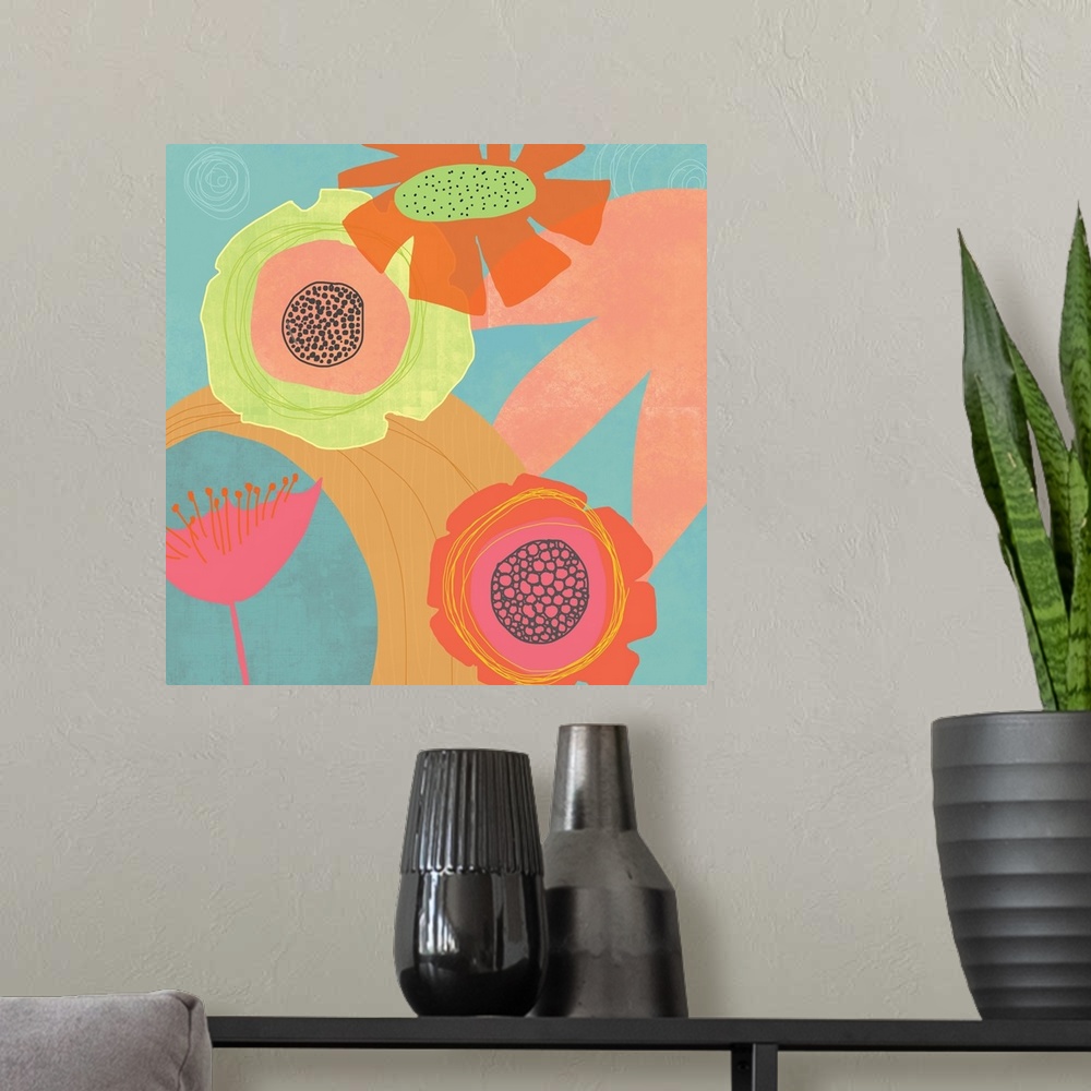 A modern room featuring Pop flowers floating in a soft aqua background. Bright pink and yellow and orange jump out ion th...