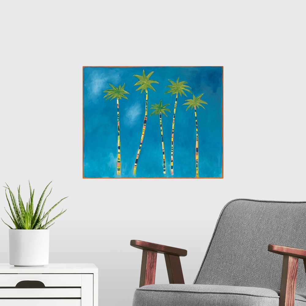 A modern room featuring A contemporary painting of a group of palm trees with multi-colored tree trunks and bright green ...