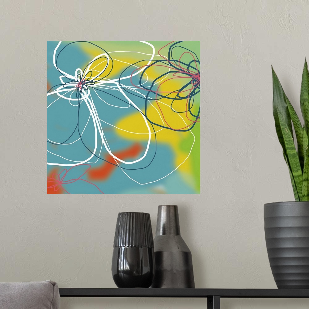 A modern room featuring a digital floral inspired by water. This piece, and its companion pieces would be perfect for res...