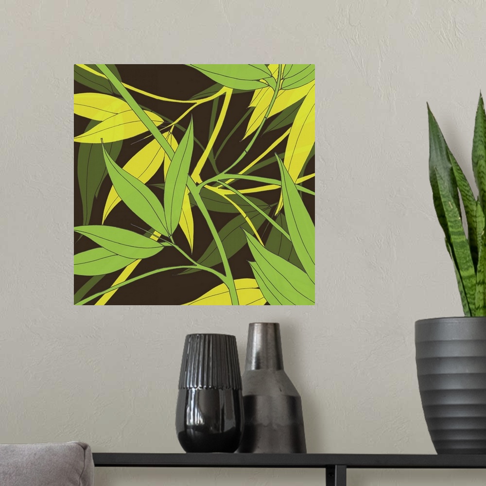A modern room featuring This crisp green asian inspired art print and print on demand canvas was created with original il...