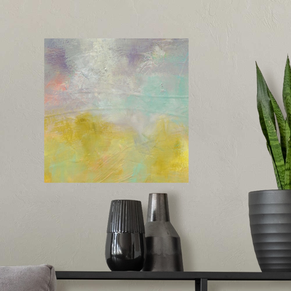 A modern room featuring A soft contemporary abstract painting with gray, yellow, teal, and purple hues with a hint of pink.